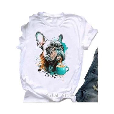 Imagem de Camiseta Branca Com Estampa De Cachorrinho Bulldog Francês Fofa Para M