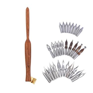 Imagem de SIPLIV Conjunto de porta-canetas oblíquas de caligrafia de madeira, cabo de manga com 30 pontas de aço inoxidável para desenho de caligrafia inglesa, estilo E