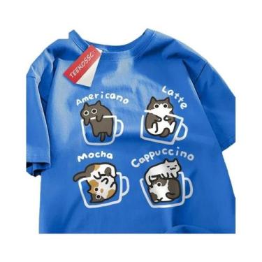 Imagem de Camiseta de Algodão Puro com Estampa de Gato e Flores - Manga Curta - 