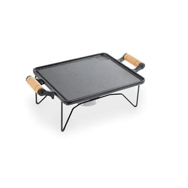 Imagem de Chapa de Ferro Fundido Retangular com Suporte, Alças de Madeira, Rechaud para Servir