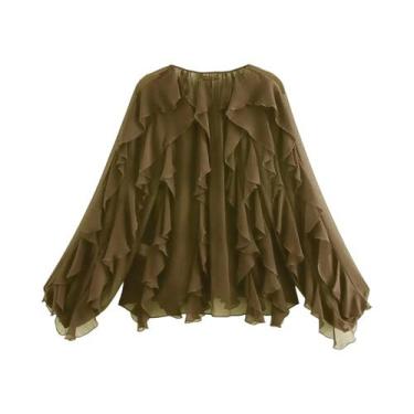 Imagem de Blusa Feminina Sexy Translúcida Com Babados E Decote Em V, Estilo Casu