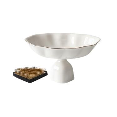 Imagem de Pires de plantas Prato alto para arranjos florais com borda dourada e pés, design exclusivo Kenzan, ideal para mesa de escritório em casa