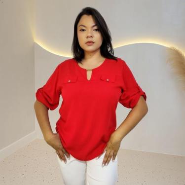 Imagem de Blusa Camisa Feminina Social Botões Manga 3/4 Formal Eloísa, Vermelho,