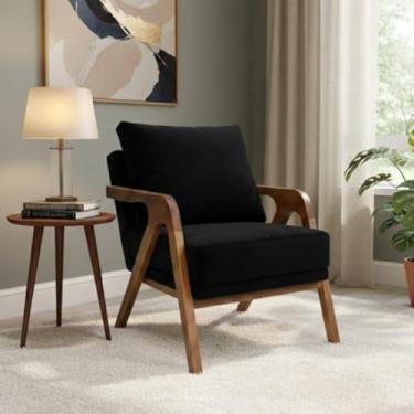 Imagem de Poltrona Mona Revestida em Veludo Preto Sofisticado e Pés em Madeira Maciça