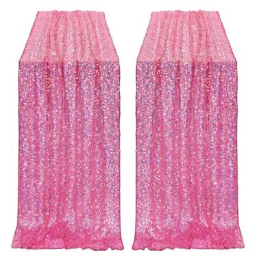 Imagem de Corredor de mesa rosa choque de lantejoulas de linho sereia tecido de mesa de festa 2 peças 63 x 300 cm elegante caminho de mesa para casamento, aniversário, cerimônia de festa de sereia