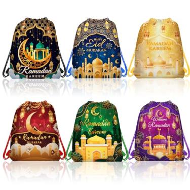 Imagem de CC HOME 12 peças Ramadan Eid Mubarak sacos de cordão, lua estrela lanterna sacos de petisco, tema muçulmano Kareem sacos de lembrancinha para chá de bebê, crianças, meninas, meninos, decorações de