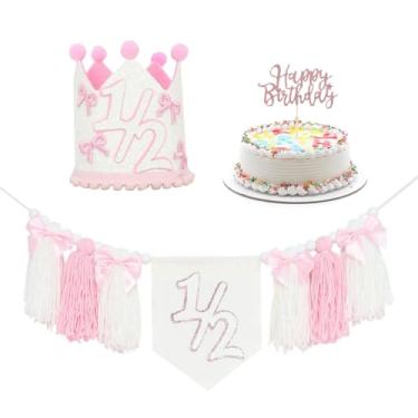 Imagem de Faixa de cadeira alta rosa 1/2, faixa meio caminho para um, chapéu de coroa de 1/2 menina, pano de fundo de foto de 6 meses, tapeçarias de parede decorativas para quarto de crianças e berçário