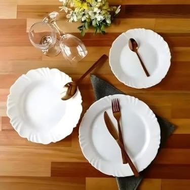 Imagem de Jogo de 6 Pratos de Vidro Resistente - Linha de Petala Branca com 3 Tamanhos (Raso 25.5cm + Fundo 23cm + Sobremesa 19.5cm), Utensílios Domésticos para Mesa Posta (4 Raso Pétala)