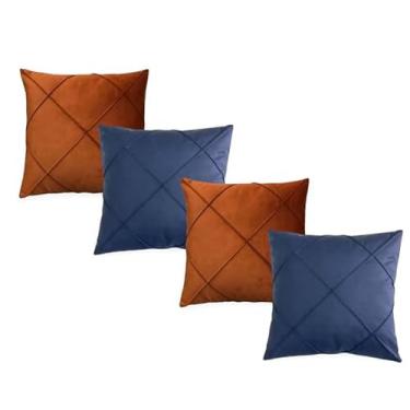 Imagem de Almofada decorativa de 45 x 45 cm, em camurça, com design drapeado, adequada para salas de estar, quartos e sofás(Azul com terracota)