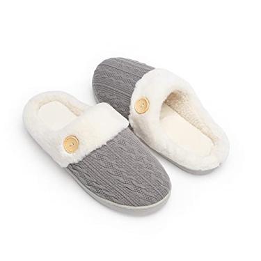 Imagem de Chantomoo Pantufa feminina quente e confortável com espuma de memória, sapatos de malha forrados com pele sintética, sola de borracha antiderrapante, chinelos aconchegantes para ambientes internos e externos, Cinza escuro, 11-12