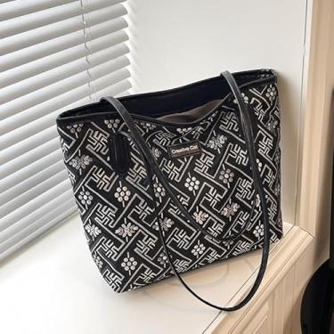 Imagem de Bolsa feminina estilo étnico lona bolsa de ombro grande capacidade padrão folclórico bolsa leve para uso diário (preto)