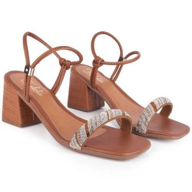 Imagem de Sandália Feminina Com Salto Bloco Médio e Tira Grossa Com Strass Elega