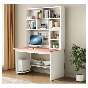 Imagem de Mesa de usuário duplo de madeira maciça com estante integrada, ideal para casa e escritórios (cor: branco 120 x 50 x 188,5 cm) (branco + rosa 100 x 50 x 188,5 cm)