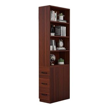 Imagem de Estante estreita com gavetas, prateleira lateral de madeira maciça para espaços apertados, ideal para sofá de canto de estudo (cor: 60 x 28 x 180 cm teca + porta de vidro) (cor teca 60 x 28 x 180 cm)