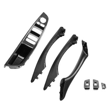 Imagem de 7 peças compatíveis com BMW Série 5 F10 F11 F18 2010~2016 LHD Painel de interruptor de elevação de janela interior do carro Capas de maçaneta de porta adesivos de fibra de carbono