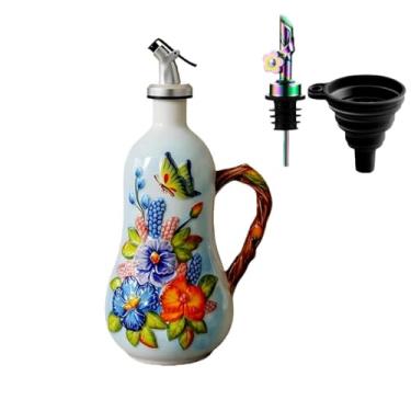 Imagem de RiJinDuoJin Dispensador de garrafa de azeite de oliva de cerâmica pintada à mão de 510 g, com alça decorativa (Butterfly Love Flower-B - Frasco dispensador de azeite decorativo)