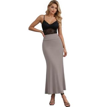 Imagem de Hybrid & Company Saia maxi feminina elástica leve e rodada – casual dobrável sobre a cintura, feita nos EUA, Cinzento-acastan, M