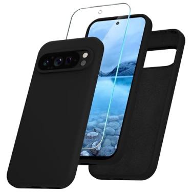 Imagem de Capa para Google Pixel 9 Pro XL, capa de silicone para celular com 1 protetor de tela, forro de microfibra macio antiarranhões, capa fina à prova de choque com suporte para carregamento sem fio, preta