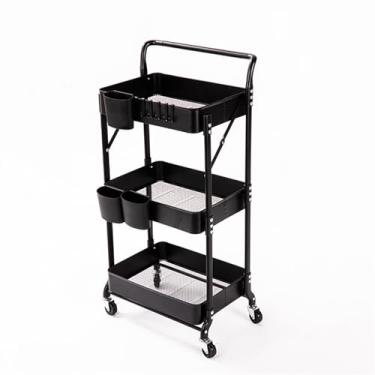 Imagem de Carrinho utilitário Rack de armazenamento três camadas ferro, rack móvel chão com apoio braço, sala estar, cozinha, quarto, carrinho dobrável(Preto)