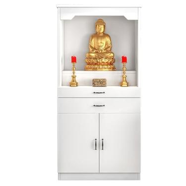 Imagem de Mesa de armário de altar budista de madeira maciça, santuário de meditação de 60 cm com armazenamento, mesa de oferta chinesa para orações, adoração e adivinhação (branca)