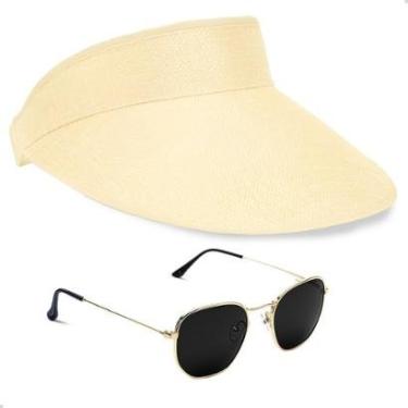 Imagem de Kit Óculos de Sol Hexagonal Clássico + Viseira Feminina Moda Verão Praia-Feminino