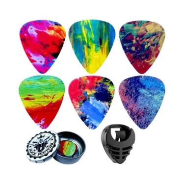 Imagem de Palhetas De Guitarra Médias (6 Unidades) Em Caixa De Metal Com Suporte