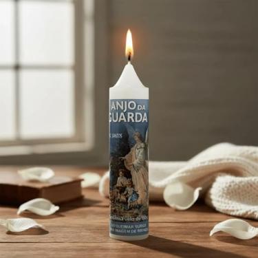 Imagem de Vela Encantada Anjo da Guarda, Branca, Parafina, 60g, 12,5cm Altura, 2,7cm Diâmetro, com Medalha em Níquel