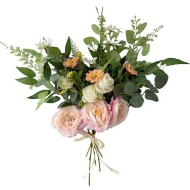 Imagem de H&S BRIDAL Buquê de flores silvestres artificiais, 6 pacotes de arranjos de flores de ranúnculo de seda falsa, folhas de eucalipto, caules florais de verão coloridos para vasos, decoração interna e