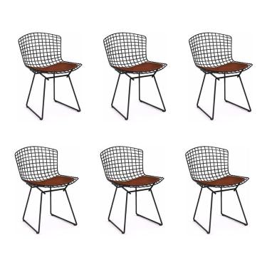 Imagem de Kit 6 Cadeiras Bertoia Preta Com Assento Marrom