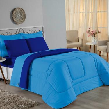 Imagem de Kit Edredom Dupla Face + Jogo De Lençol Solteiro Nobre 5 Peças Malha 100% Algodão - Turquesa / Royal