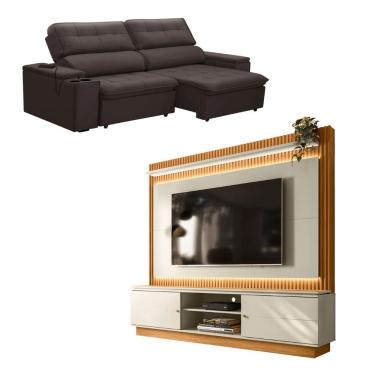 Imagem de Kit Sofá Genebra 3 Lugares Com Estante Home Led Guararapes Café/nature/off White