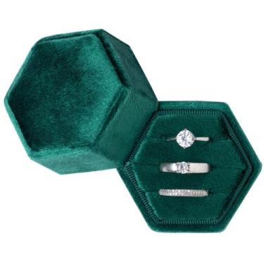 Imagem de Caixa de anel Giftop Equal Hexagon Velvet com 3 compartimentos (verde)