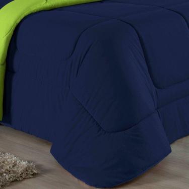 Imagem de Kit Edredom Dupla Face + Jogo De Lençol Queen Nobre 7 Peças Malha 100% Algodão - Azul-marinho / Pistache