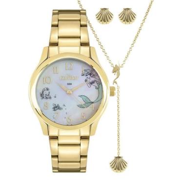 Imagem de Kit Relógio Coleção Disney Pequena Sereia Dourado + Colar e Brincos - 