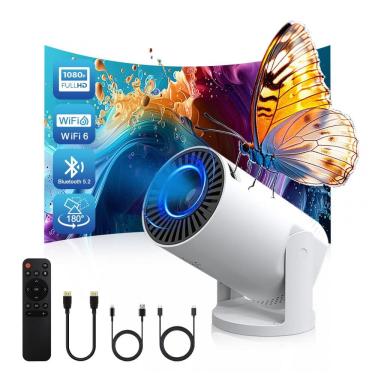 Imagem de Projetor Portátil Geylnxng Branco WiFi 6 Bluetooth Rotação 180° 1080P Suporte 4K Q5 mate