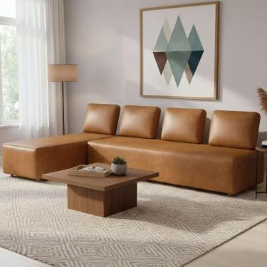 Imagem de Sofá 4 Lugares Com Chaise 296cm Rovier Sintético Caramelo Z32 - Mpozenato