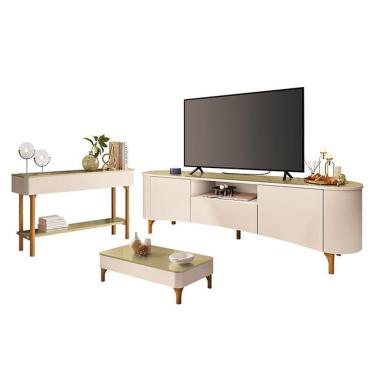 Imagem de Rack Bancada Elara Com Mesa De Centro Liz E Aparador Fiero Off White Champanhe - Hb Móveis