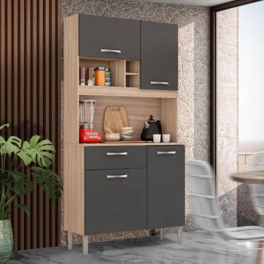 Imagem de Cozinha Compacta Malta 4 Portas 1 Gaveta em MDF e MDP 91cm Grafite com Balcão e Aéreo