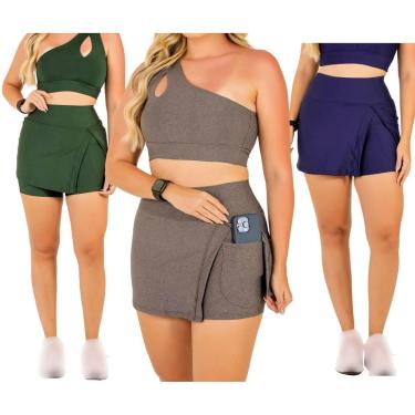Imagem de Kit 3 Shorts Saia Com Bolso Feminino Fitness Moda Evangélica Beach Tennis Academia The...
