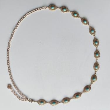Imagem de Cinto Corrente Metal com Pedras Branco Azul Turquesa Fashion Cor:Doura