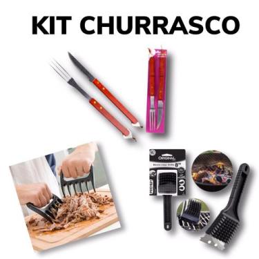 Imagem de Kit Churrasco 5 Pçs Faca Garfo + Limpa Grelha + Garra de Urso desfiado