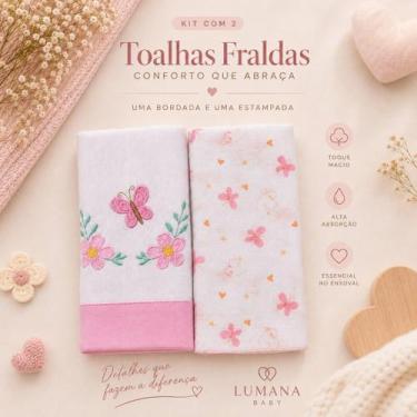Imagem de Kit 2 Toalhas Fralda Borboletas Bebê Menina Bordada e Estampada Macia 