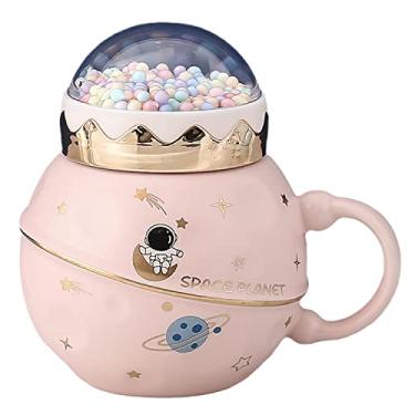Imagem de seelucky Caneca de astronauta estilo minimalista com tampa de colher estrela copo de café de cerâmica infantil caneca de leite de desenho animado xícara de chá presente escritório casa (espaço planeta b rosa, 400 ml)