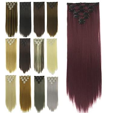 Imagem de IMISSU Conjunto de 7 peças grampo longo e reto em extensões de cabelo natural cabeça cheia peruca para mulheres (Borgonha)