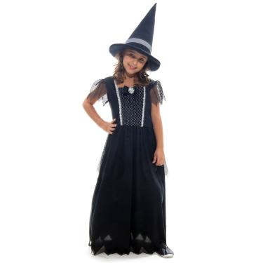 Imagem de Fantasia Bruxa Preta Luxo Vestido Longo Infantil com Chapéu - Halloween
 G