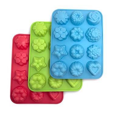 Imagem de Pacote com 3 moldes de flores de silicone para assar – cupcake antiaderente com 12 cavidades, muffin, chocolate, geleia, pudim, doces - azul, verde, vermelho