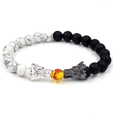 Imagem de tqyzkh Pulseiras de contas para homens e mulheres natural preto lava branca howlita buda dragão contas pulseira de pedra pingente de boa sorte joia presente ajustável