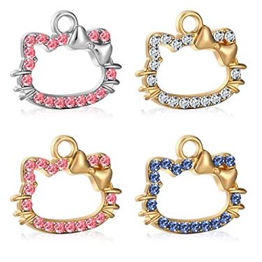 Imagem de Pingentes de gatinho em massa bonito desenho animado pequeno cristal pequeno faça você mesmo artesanato pingente conector achados joias multicoloridas para colar pulseira chaveiro fazendo liga 4 peças, metal, zircônia cúbica, Metal, Zircônia cúbica