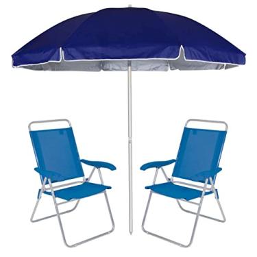 Imagem de Kit Praia 2 Cadeira Boreal Reclinável 4 Pos Alumínio + Guarda Sol 2,6m Alum Azul - Mor - Azul