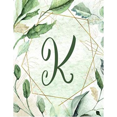 Imagem de Notebook 8.5”x11” – Letter K – Green Gold Floral Design: College-ruled, lined format exercise book with flowers, alphabet letters, initials series.